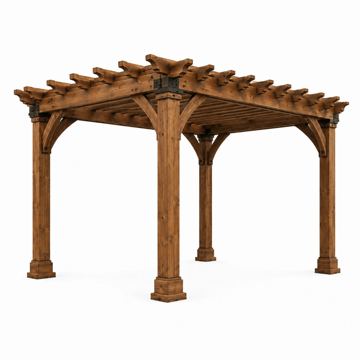 Pergola de jardin en bois brun avec raccords noirs et toit ajouré, 427 x 305 x 267 cm, style rustique